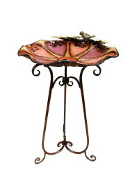 Ors198 19 Inch Red Hearts Metal Birdbath With Bird