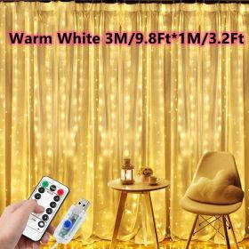 1pc; Window String Lights; Christmas Decoration 100/200/300 LED Remote Control USB Wedding Garland Curtain Lamp 3M/9.8Ft Fairy Lights (Color: Warm White)